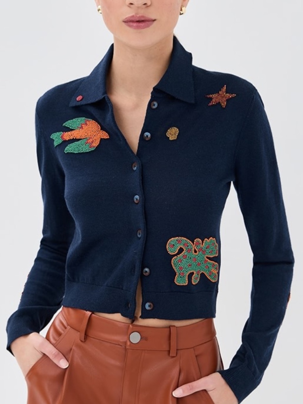 MOTHER Navy Cropped Cardigan with Multicolor beaded Embroidery